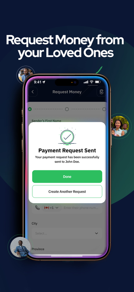 Transfergratis, money transfer - Transfergratis app screen showing a successful payment request sent notification with a green checkmark