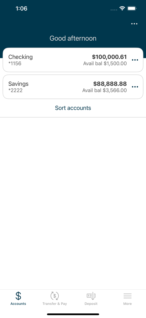 Natbank Mobile Banking - Natbank mobile banking app account overview screen showing checking and savings balances