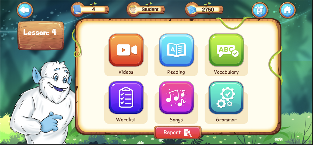 Yeti Primary 1 - Yeti Primary 1 lesson menu showing activity buttons for videos reading vocabulary wordlist songs and grammar