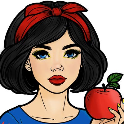 a woman with medium short hair, wearing a headband with a small bow, carrying an apple in her hand, realistic