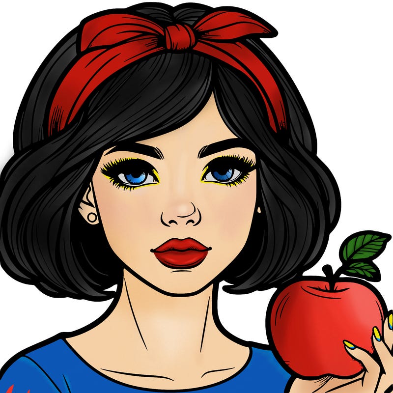 a woman with medium short hair, wearing a headband with a small bow, carrying an apple in her hand, realistic