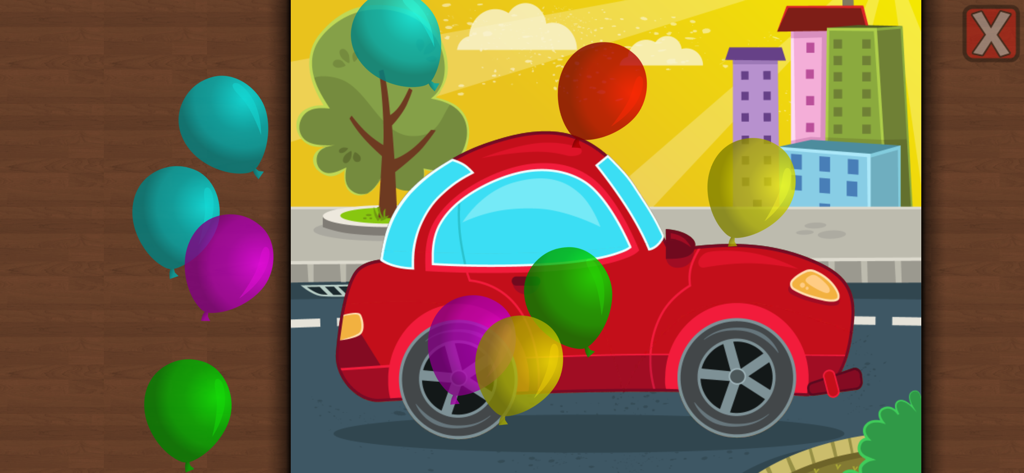 Car Puzzle for Kids - Una pantalla de recompensa de coche de dibujos animados para niños con globos de colores flotantes para niños pequeños