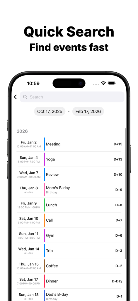 Función de búsqueda rápida en la aplicación Calendario Widget que muestra una lista de próximos eventos y una barra de búsqueda en un iPhone.