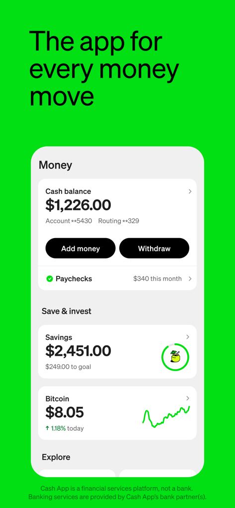 Cash App mobile dashboard showing account balances savings and bitcoin investing