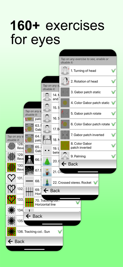 Eyes + Vision: training & care - Una lista completa de más de 160 ejercicios oculares dentro de la interfaz de la aplicación Ojos + Visión