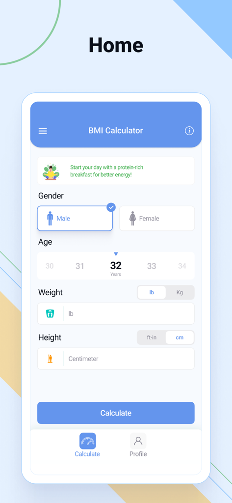 BMI Calculator- Weight Monitor - Pantalla de inicio de la aplicación Calculadora de IMC que muestra campos de entrada para género, edad, peso y altura.