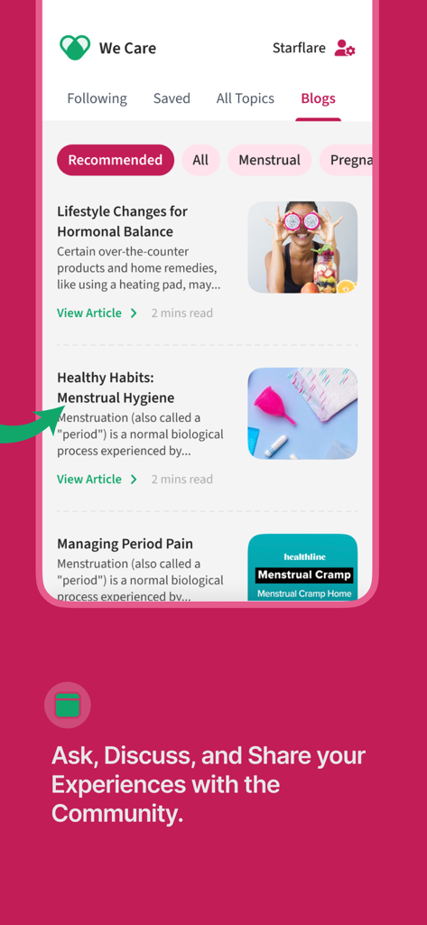 Cylo - Period & Cycle Tracker - 건강 기사 및 커뮤니티 토론 기능이 있는 지식 허브를 보여주는 Cylo 앱 인터페이스