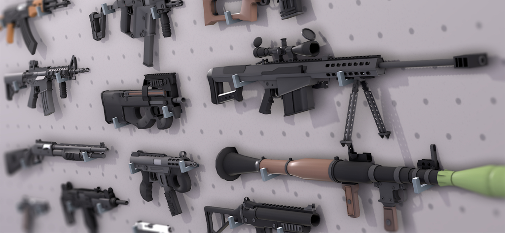 POLYWAR: 3D FPS online shooter - A collection of low poly weapons and guns displayed on a wall in the POLYWAR mobile game
