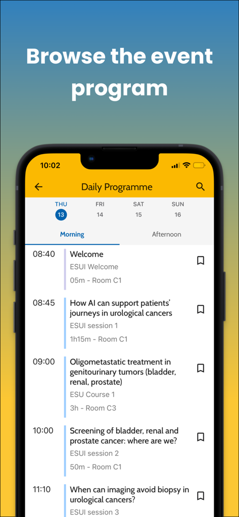 EMUC - Interfaz de la aplicación EMUC que muestra el programa científico diario y el horario de sesiones para el congreso de urología