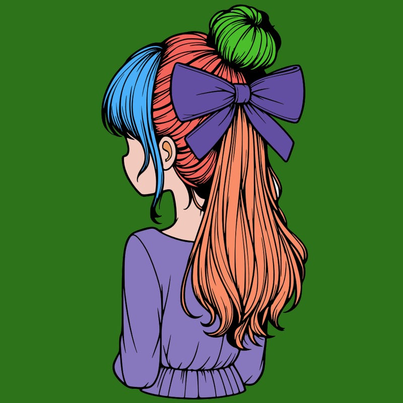 realistic girl  with hip length hair a bun and a big bow on the back of head