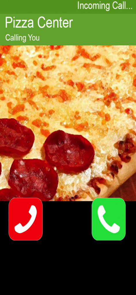 A fake incoming call screen from Pizza Center with a pepperoni pizza background