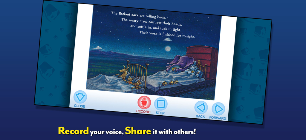 Eine Seite aus der Dampflok, Traumlok App, die schlafende Tiere in Waggons zeigt, mit einer Funktion zur Aufnahme der eigenen Erzählung.