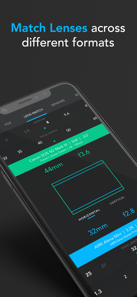 f8 Lens Toolkit - f8レンズツールキットアプリのインターフェース。Canon 5DとARRI Alexa Mini間の焦点距離と絞りのマッチングを表示しています。