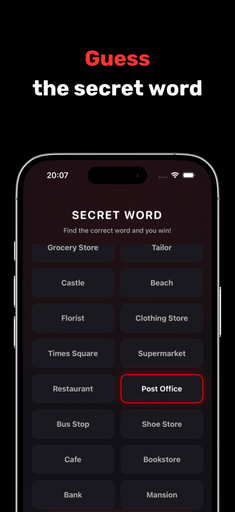 Imposter: Spy Party Game - A mobile gameplay screen of Imposter Spy Party Game showing a grid of potential secret words with Post Office highlighted in dark mode.