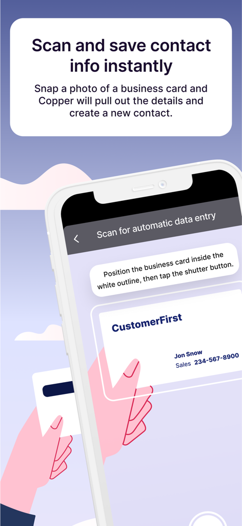 Copper CRM - Interface de l'application mobile Copper CRM montrant la numérisation de cartes de visite pour la création instantanée de contacts