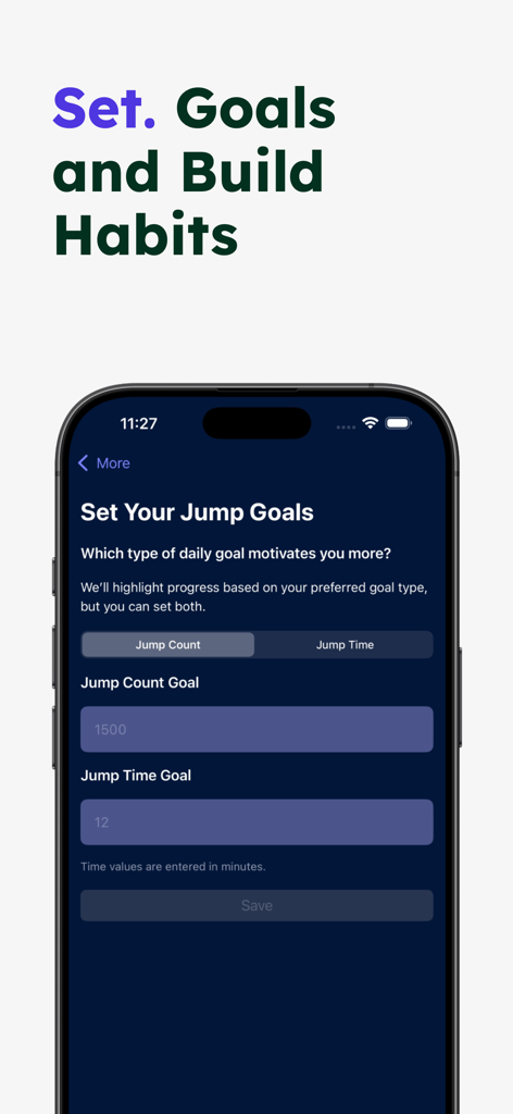 Jump Rope Fit - iPhone screen for setting daily jump count and jump time goals in the Jump Rope Fit app.
