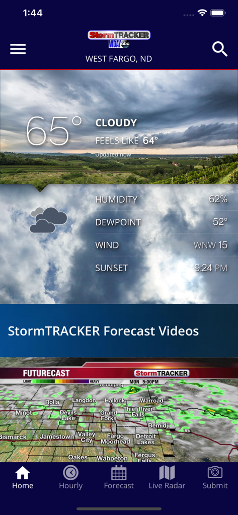 WDAY StormTRACKER mobile app interface showing current weather conditions in West Fargo and a futurecast radar map for North Dakota and Minnesota.