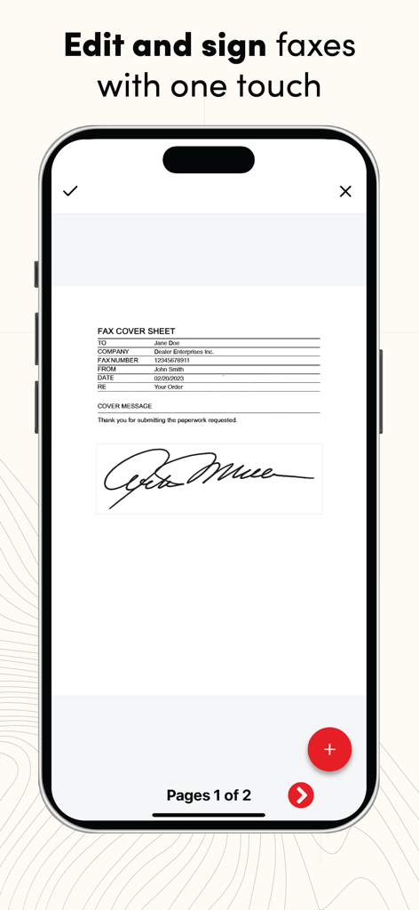 iPhone exibindo o recurso do aplicativo eFax para editar e assinar documentos de fax com um toque