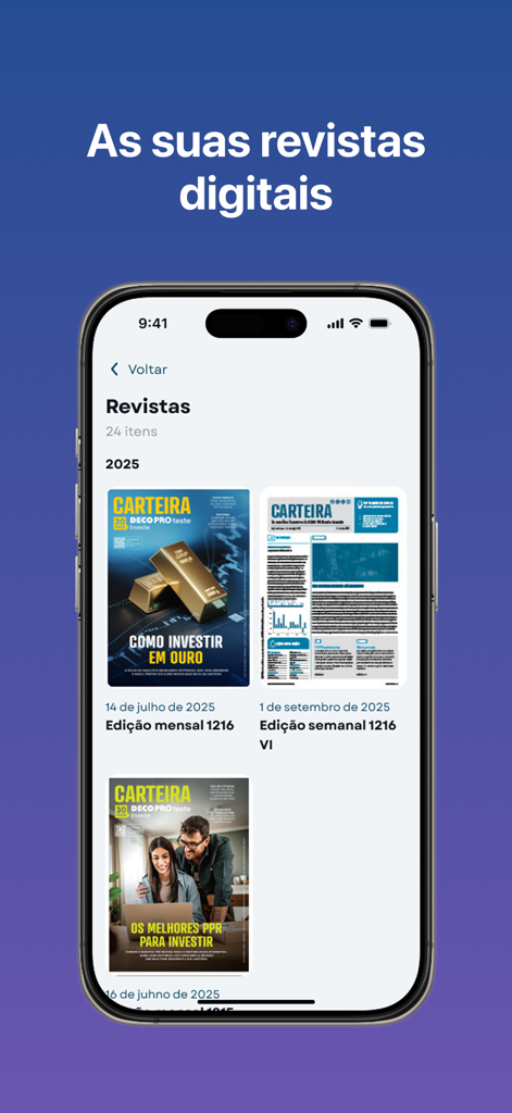 DECO PROteste Investe - Biblioteca de revistas digitais na aplicação financeira DECO PROteste Investe mostrando guias de investimento.