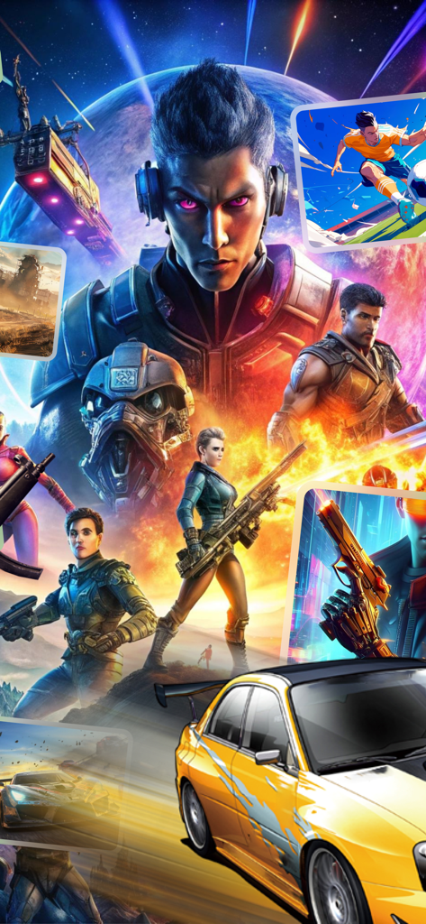 HaIaI CIoud Gaming - Vibrant collage of diverse video game characters including sci-fi heroes, a soccer player, and a yellow race car