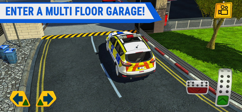 A white SUV with security markings approaching the entrance of a multi-floor parking garage in a driving simulation game.