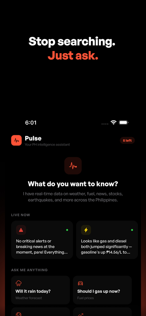 PulseBoard app screen displaying the AI assistant and real-time Philippine information dashboard.
