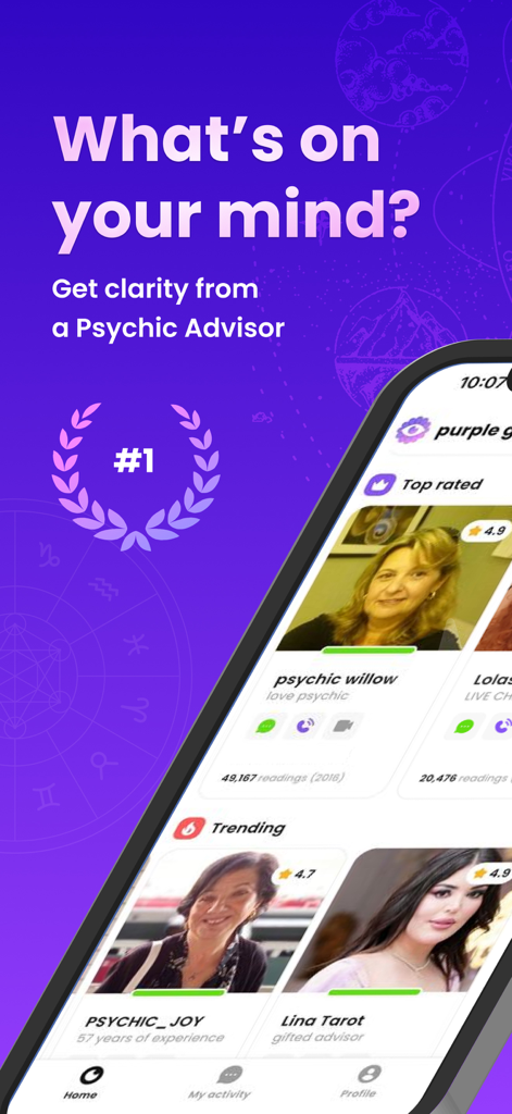 A mobile app interface for Purple Garden featuring verified psychic advisors and the slogan What is on your mind?