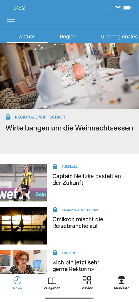 Feed de notícias móvel do aplicativo Schaffhauser Nachrichten mostrando artigos regionais e internacionais com uma barra de navegação inferior