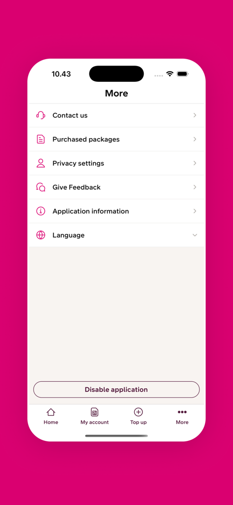 DNA Prepaid app settings screen showing options for contact us purchased packages privacy settings feedback application information and language