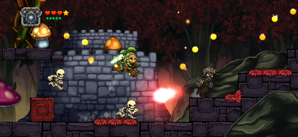 Magic Rampage - Personaje héroe saltando a través de un nivel de mazmorra oscura mientras lucha contra esqueletos y recolecta monedas de oro en Magic Rampage.