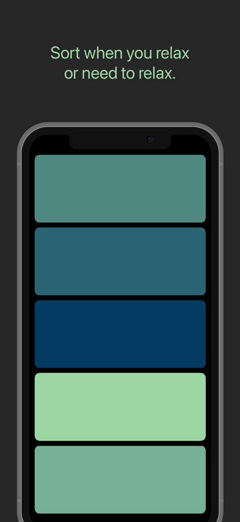 Interfaccia utente minimalista dell'app Color Sort Therapy con sfumature di verde e blu per il relax