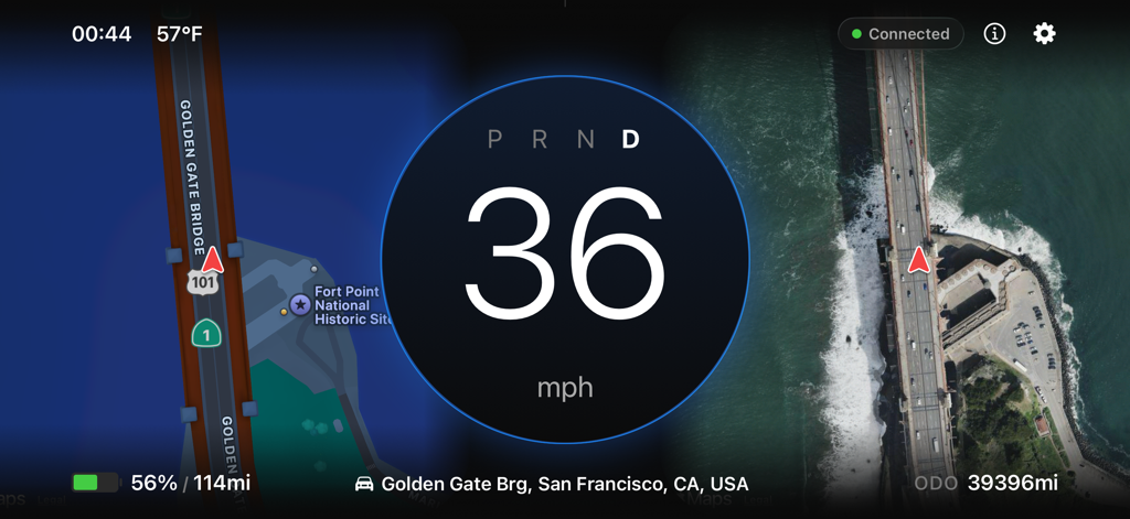 Dashla: Dashboard for Tesla - Dashla App Dashboard, das Geschwindigkeit, Batterieprozentsatz und Kartenavigation für Tesla-Besitzer anzeigt.