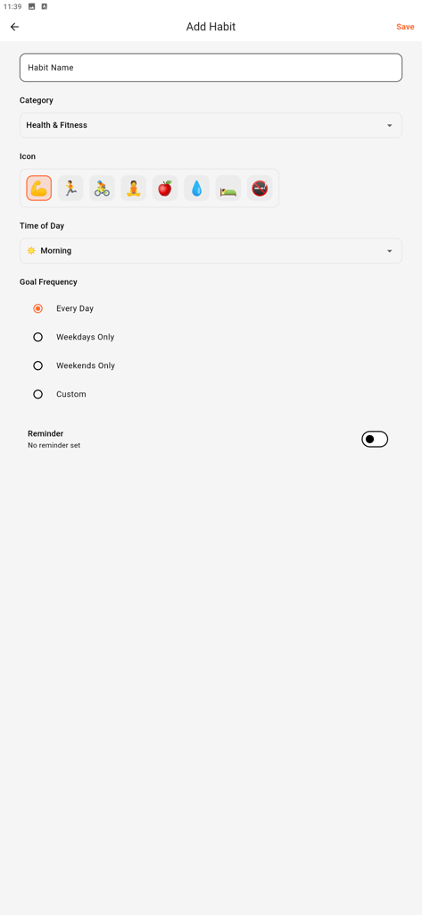 Habit Streak : Tracker - Interfaz móvil limpia para agregar un nuevo hábito con opciones de personalización de iconos y frecuencia.