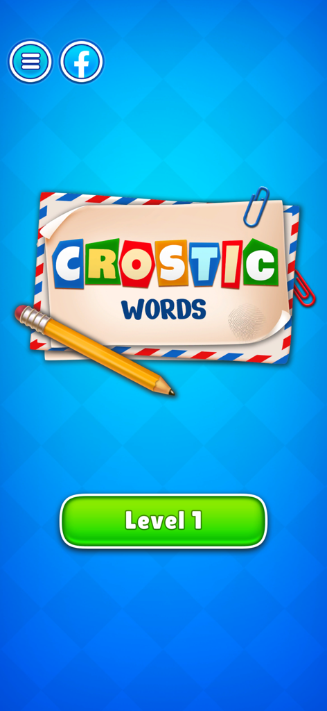 Cryptic Words: Crossword Game - Crostic Words crossword game home screen showing the level one start button