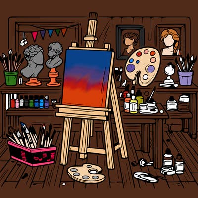 an art studio with canvases, paints, and sculptures