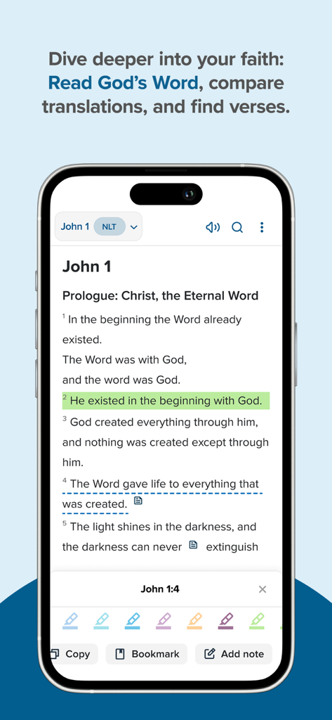 CBN Daily Devotional Bible App - CBN Daily Devotional Bible App showing the John 1 chapter with verse highlighting and study tools
