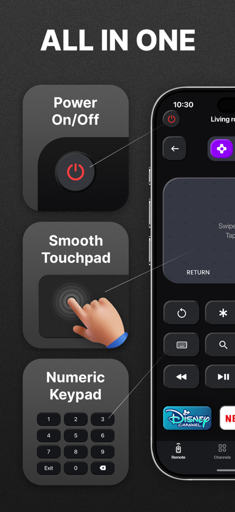 Interface da aplicação de controlo remoto universal de TV mostrando controlo de energia, navegação por touchpad e teclado numérico.