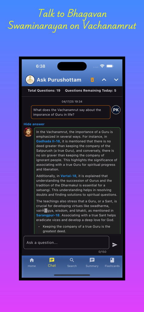 VachanamrutGPTのモバイルアプリのスクリーンショット。グルーの重要性に関する質問が表示されたインタラクティブなAIチャットインターフェースを示しています。