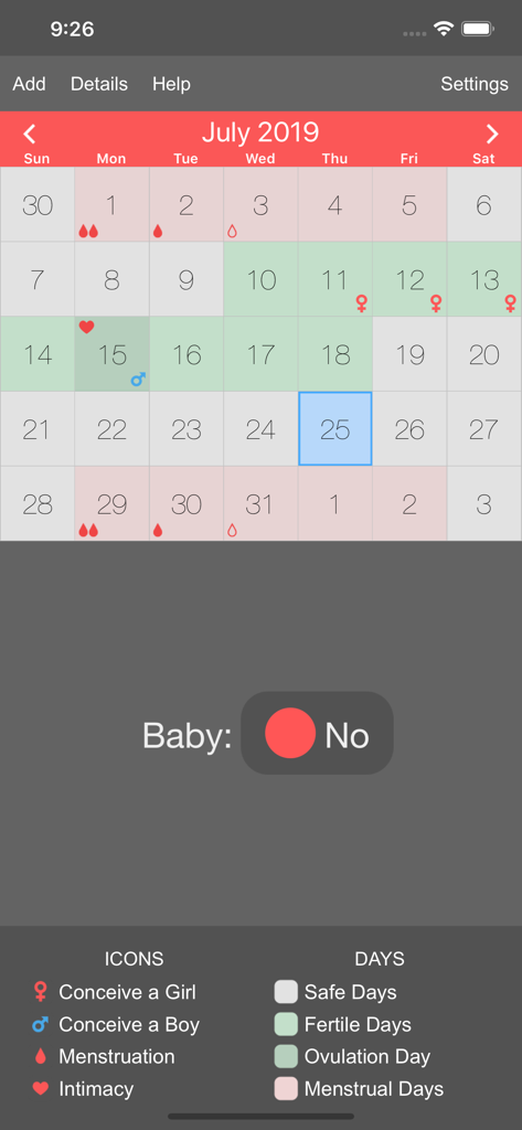 Menstrual Periods Tracker - Menstrual periods tracker app showing a monthly fertility and cycle calendar with icons for ovulation and pregnancy probability