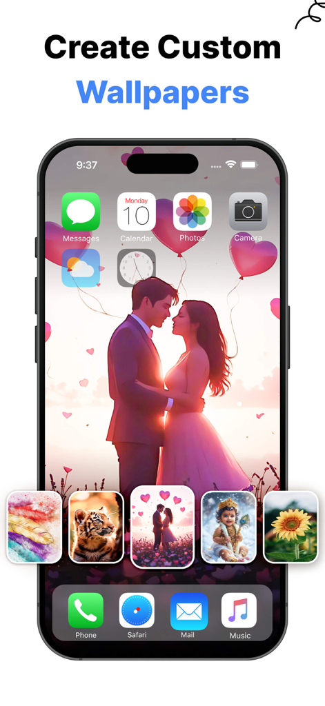 iPhone screen showing the custom wallpaper feature with various background options