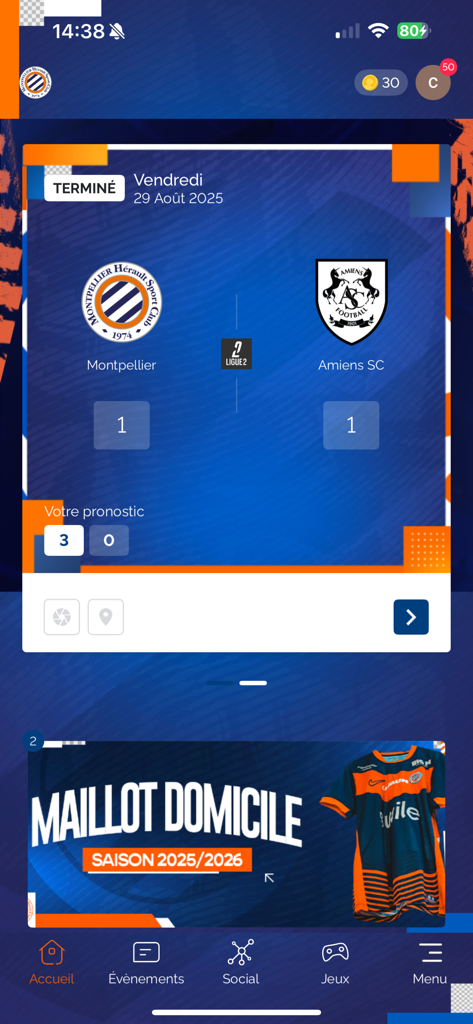 Montpellier Hérault Sport Club - Montpellier Herault Sport Club app home screen showing match scores and jersey shop banner