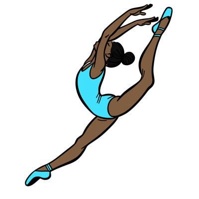 gymnast doing a leap in a leotard with a bent back leg