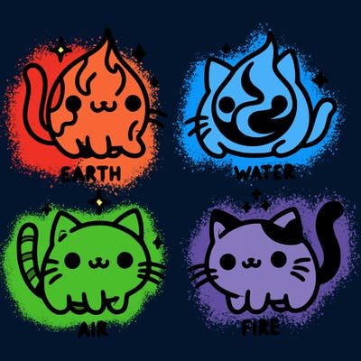 4 cats that represent the different elements, earth, water, air, and fire