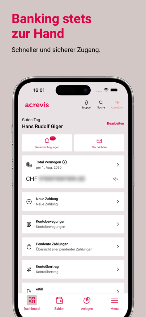 Una captura de pantalla de la interfaz del panel de control de la aplicación bancaria móvil acrevis que muestra el total de activos y la vista general de la cuenta de un usuario