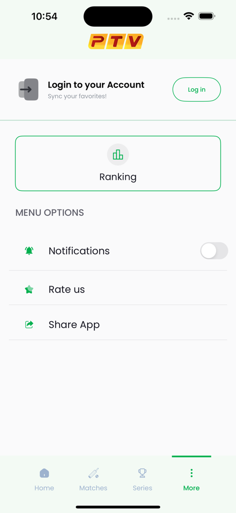 Settings and menu screen of PTV Live Cricket app showing login and ranking options
