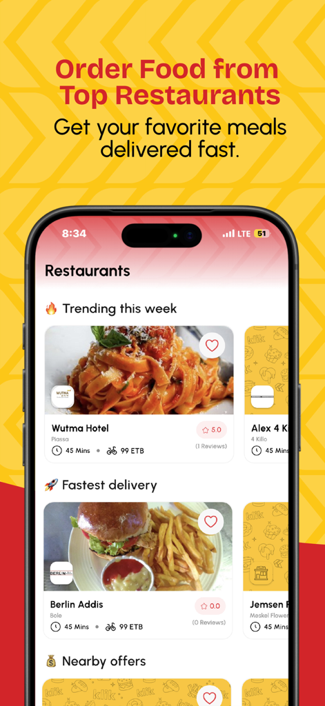 klik Delivery - Food, Shopping - Smartphone screen of the klik Delivery app displaying top restaurants in Addis Ababa with food photos and delivery details.