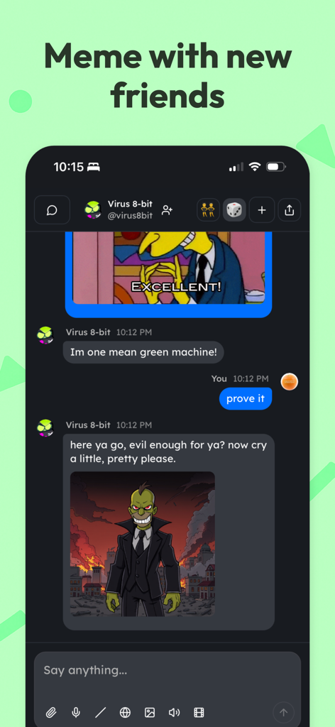 A mobile app interface showing a chat between a user and an AI character named Virus 8-bit exchanging memes and images.