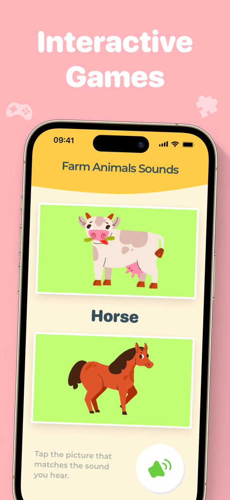 Learn to Talk - Screenshot of the Learn to Talk app featuring an interactive farm animal sound matching game for toddlers
