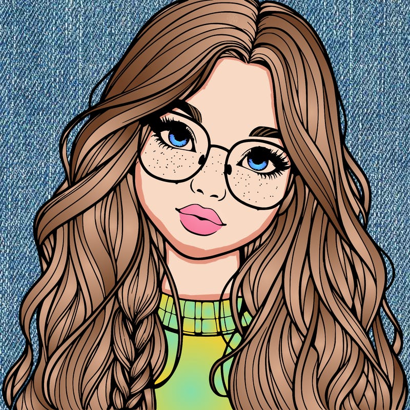 girl with long hair and freckles and glasses realistic