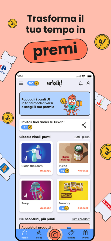 Urkah app home screen displaying various arcade games to earn shopping rewards